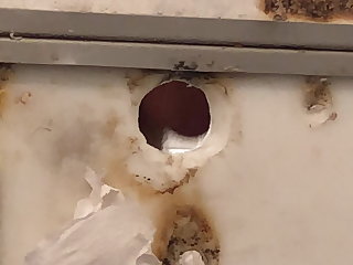 Amateur Me fucking a truck stop stall glory hole and cumming